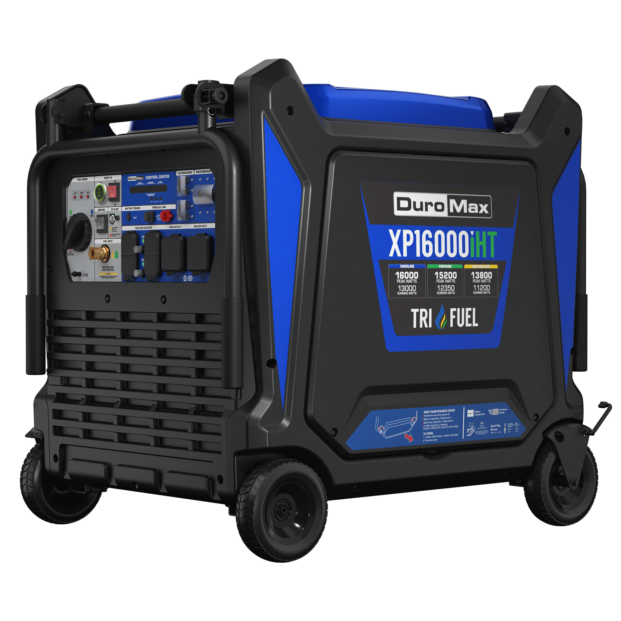 DuroMax, 16000 Tri Fuel Inverter Generator, Surge Watts 16000 Rated Watts 13000 Voltage 120/240 Model# XP16000iHT